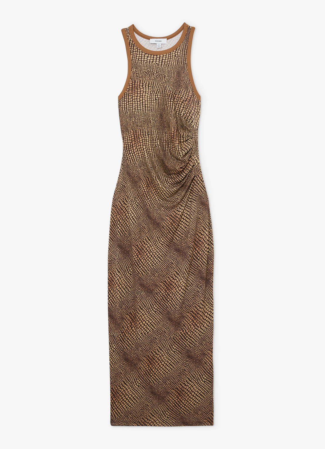 Reiss Lola midi jurk met slangenprint en split - voorkant 6 bruin