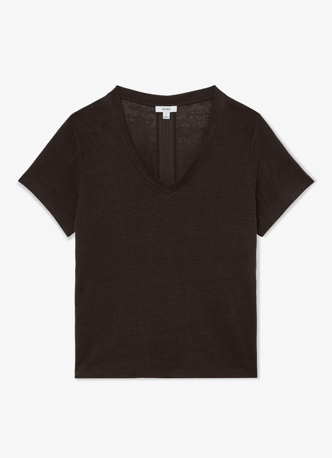 Reiss Lola T-shirt van linnen met V-hals - voorkant 2 chocoladebruin