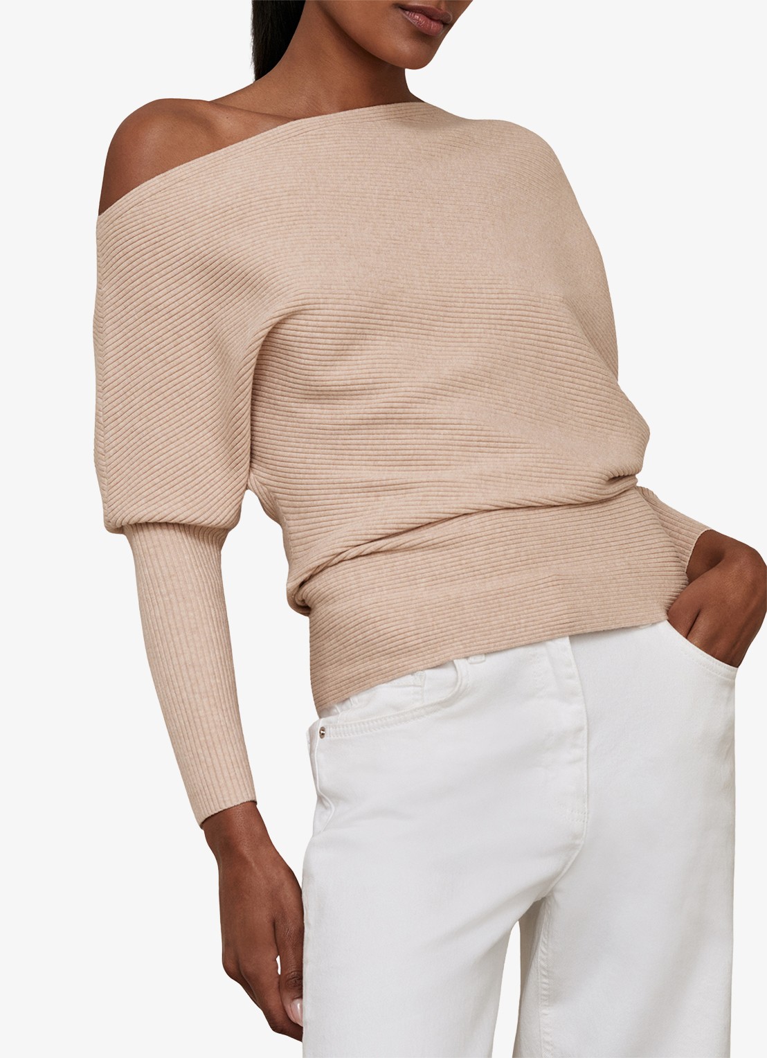 Reiss Lorna fijngebreide trui met asymmetrisch hals - detail 3 beige