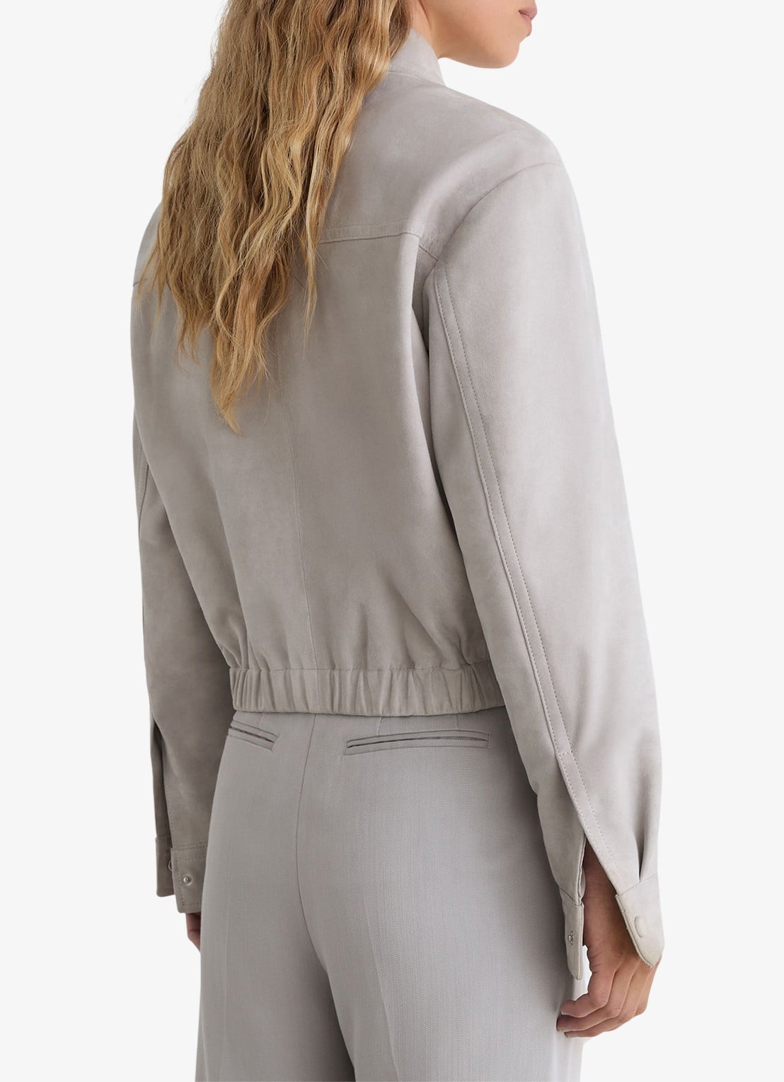 Reiss Lottie cropped bomberjack van geitensuède  - achterkant light grey / grijs