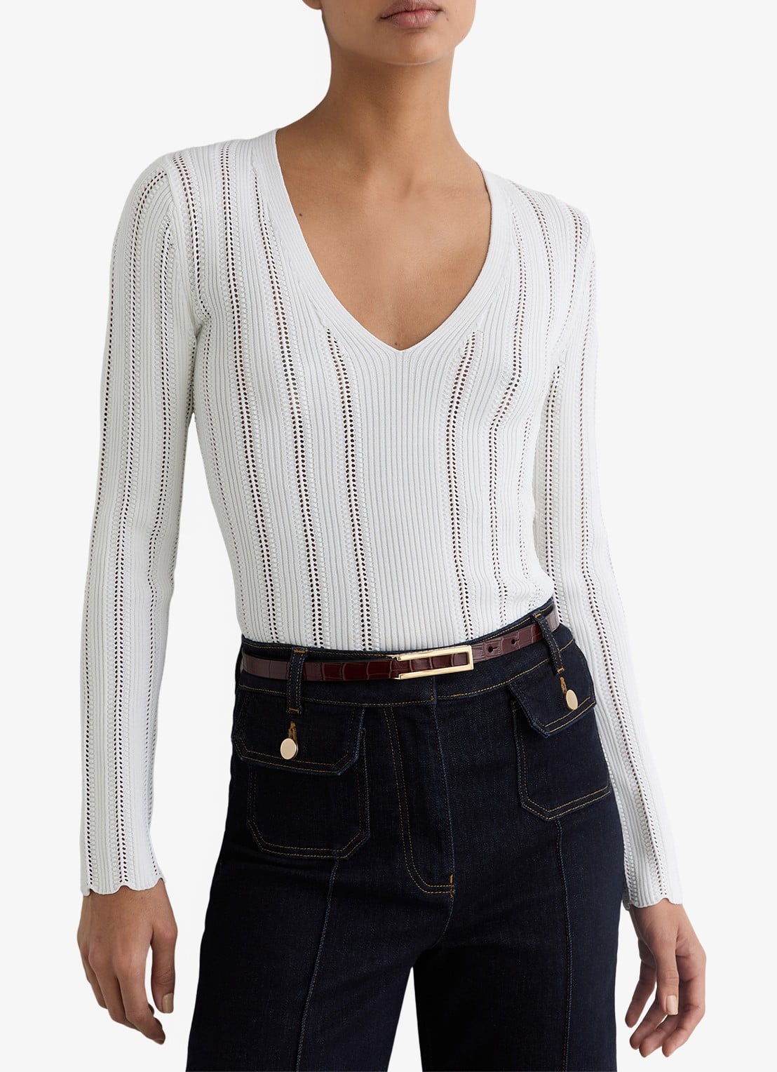 Reiss Loui ribgebreide trui met streepprint  - detail wit