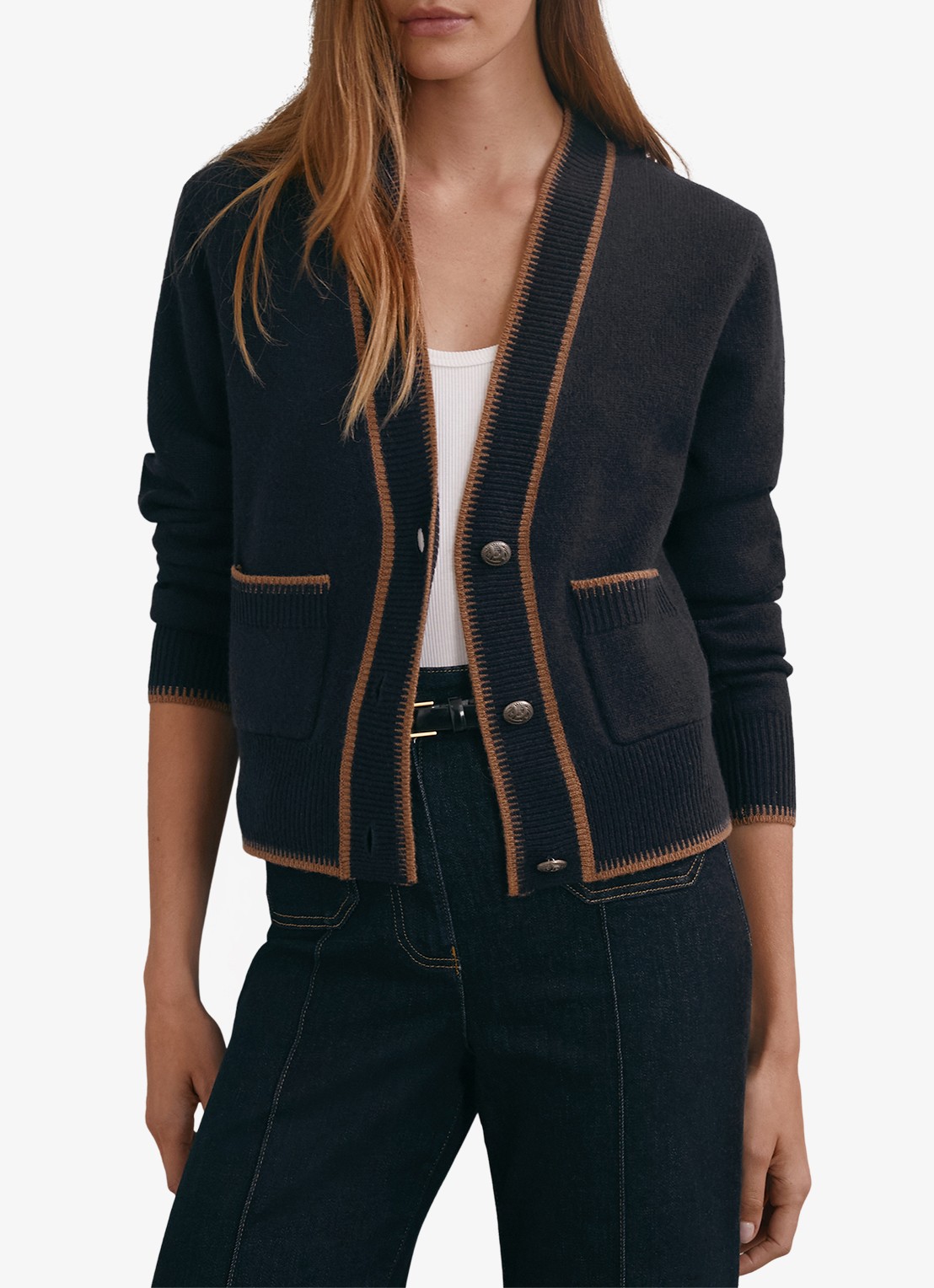 Reiss Louisa ribgebreide vest met steekzakken - detail donkerblauw