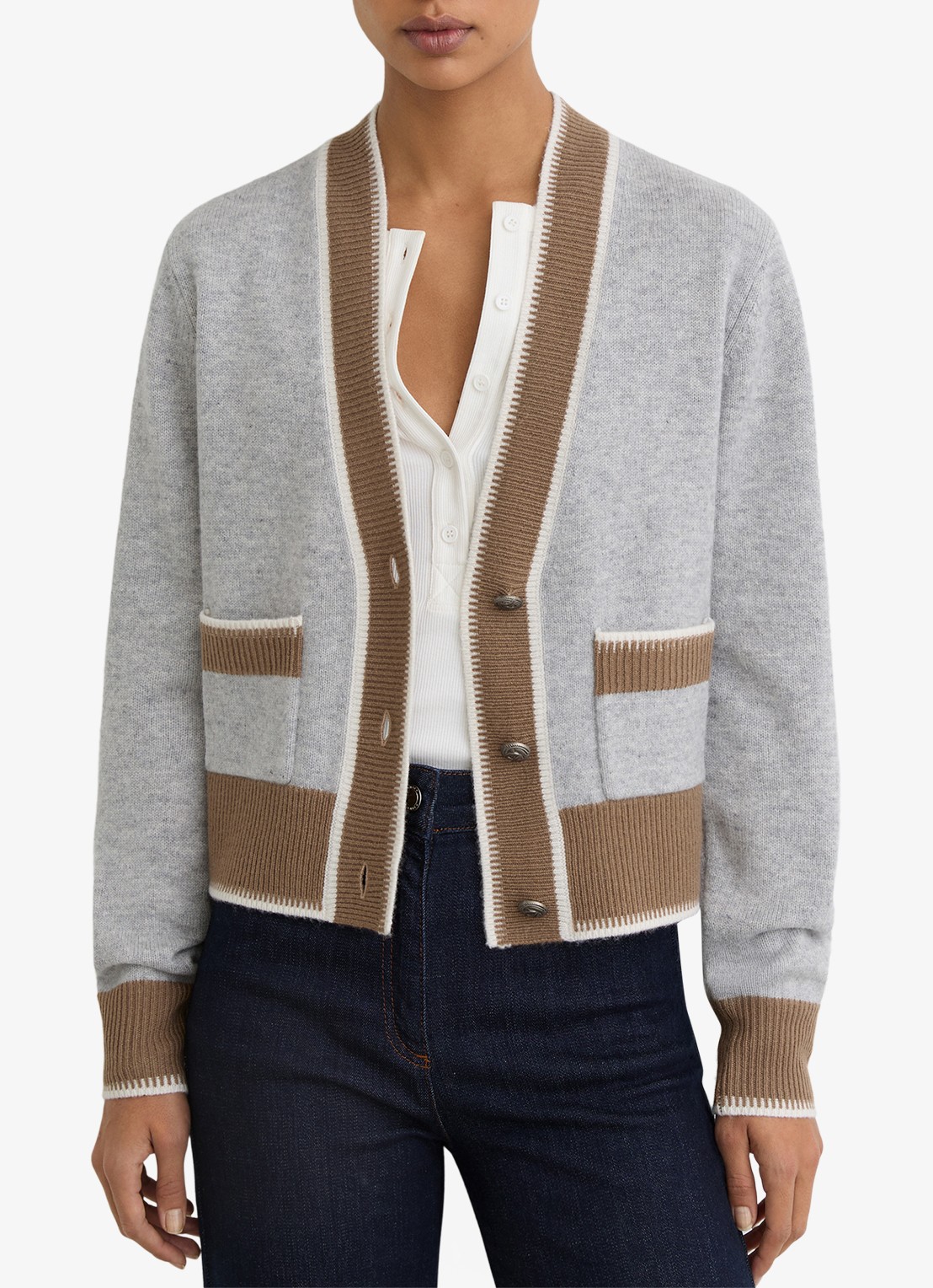 Reiss Louisa ribgebreide vest met steekzakken - detail 4 grijs