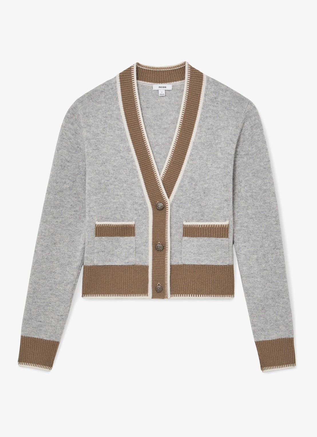 Reiss Louisa ribgebreide vest met steekzakken - voorkant 2 grijs