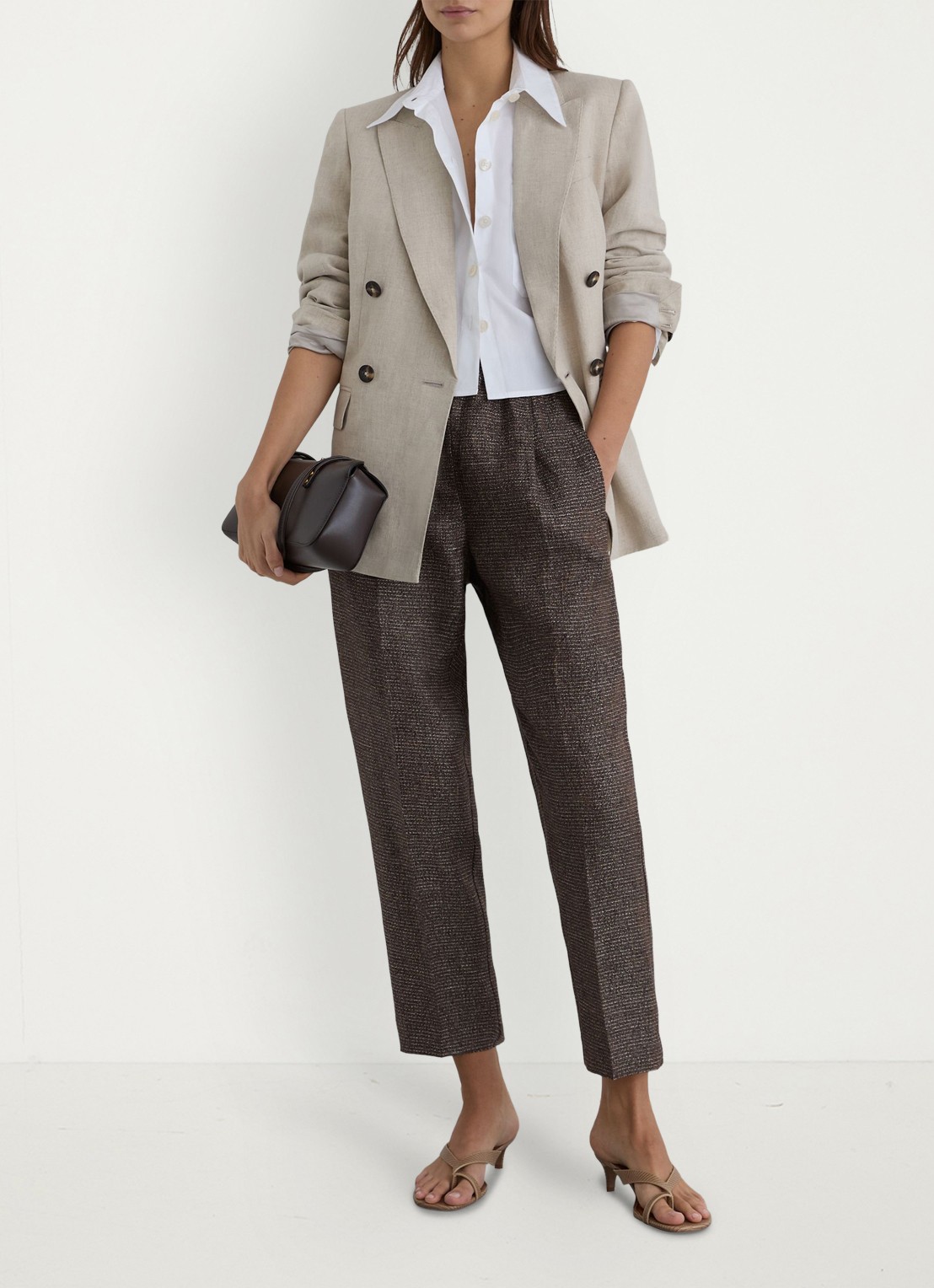 Reiss Lourdes high waist tapered fit pantalon van linnen - voorkant 3 naturel