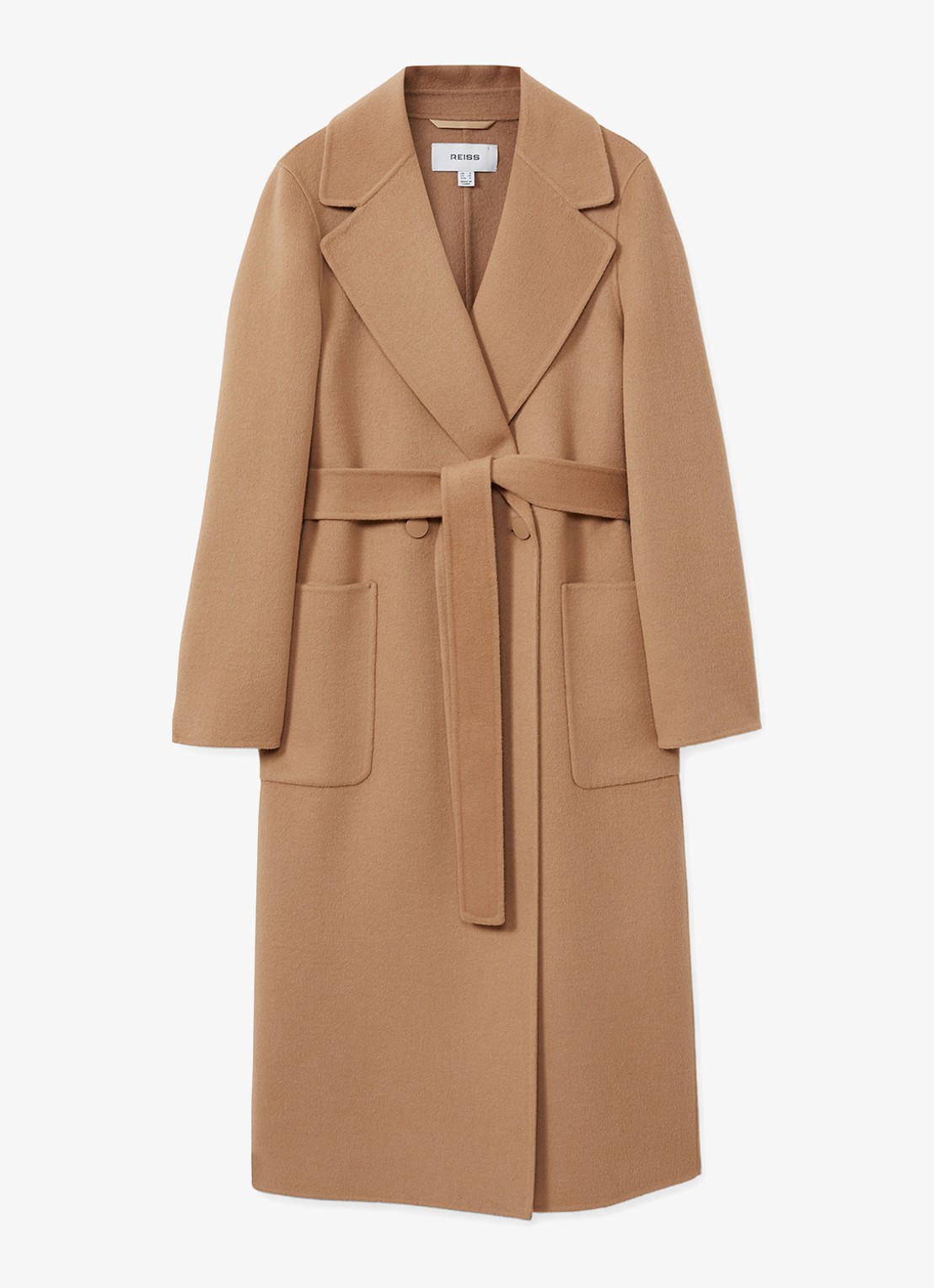 Reiss Lucia double-breasted mantel in wolblend met strikceintuur - voorkant camel