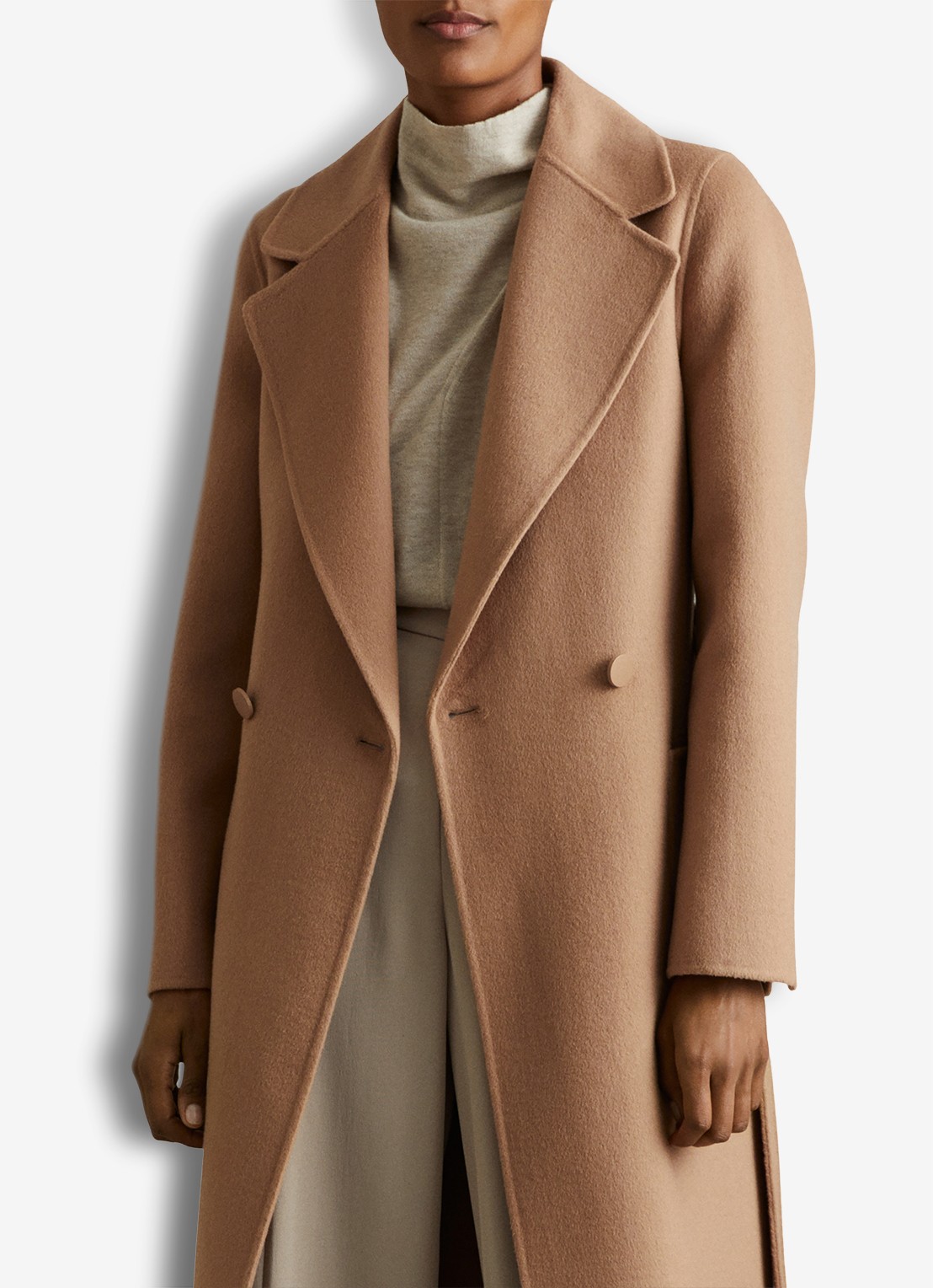 Reiss Lucia double-breasted mantel in wolblend met strikceintuur - voorkant 2 camel