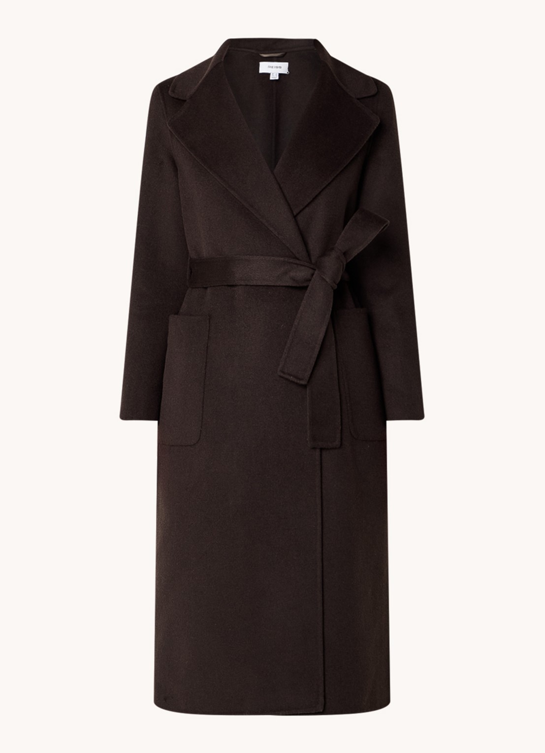 Reiss Lucia double-breasted mantel in wolblend met strikceintuur - voorkant donkerbruin