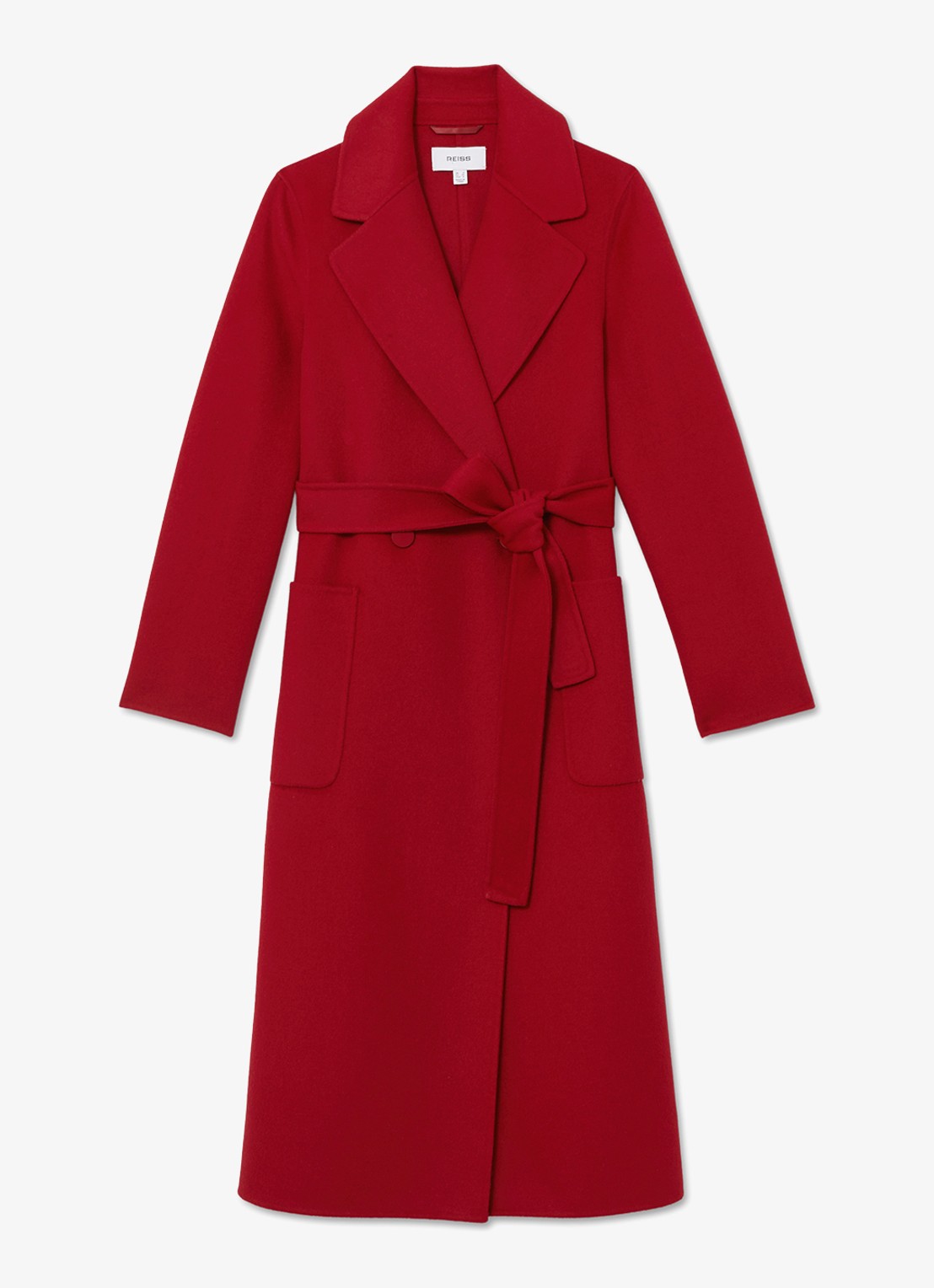 Reiss Lucia double-breasted mantel in wolblend met strikceintuur - voorkant rood