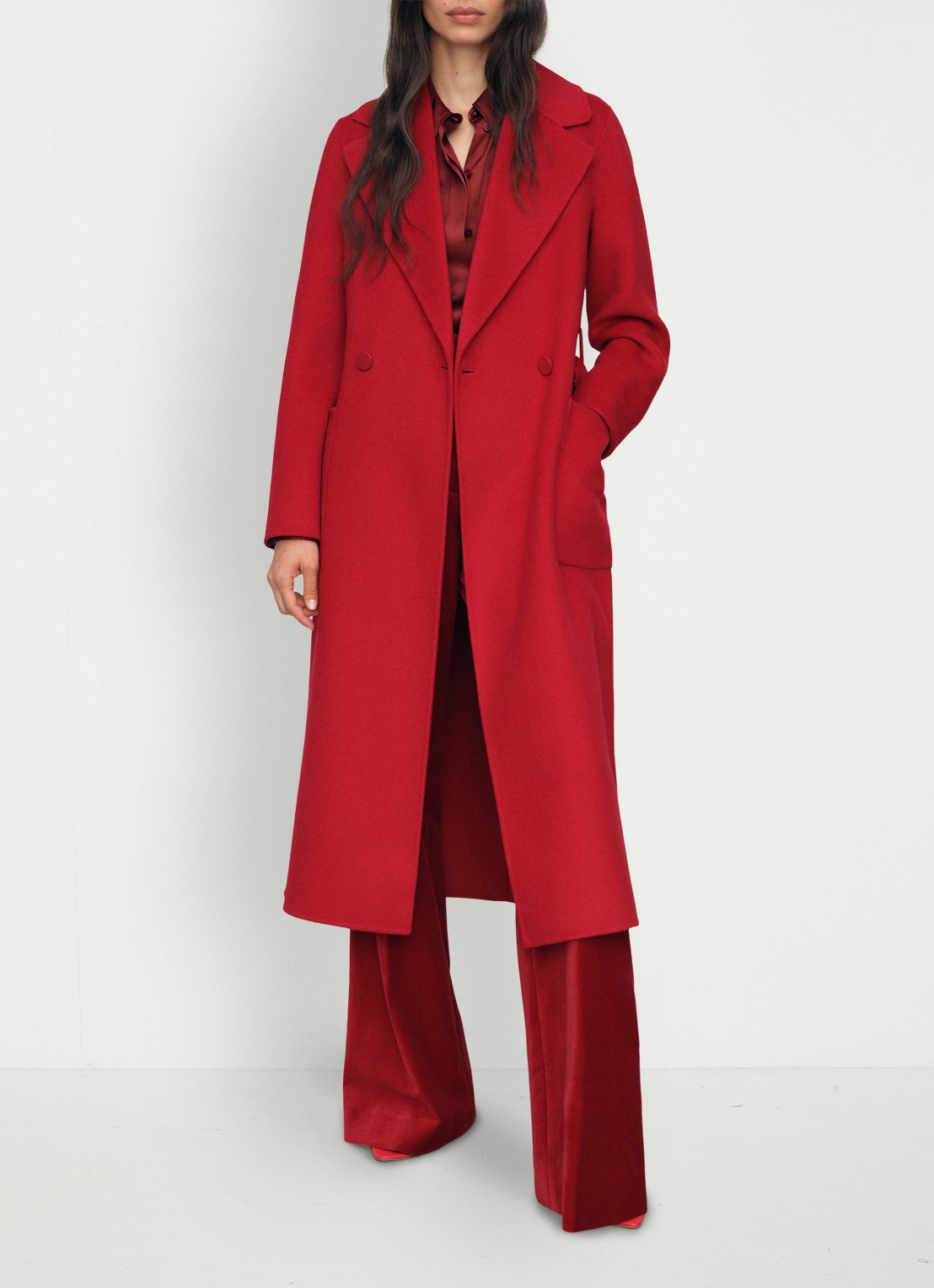 Reiss Lucia double-breasted mantel in wolblend met strikceintuur - voorkant 2 rood