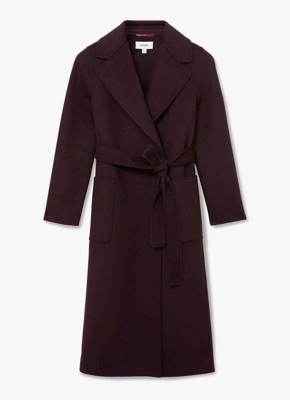 Reiss Lucia double-breasted mantel in wolblend met strikceintuur - voorkant paars