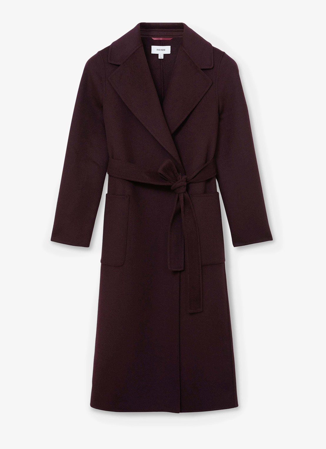 Reiss Lucia double-breasted mantel in wolblend met strikceintuur - voorkant paars