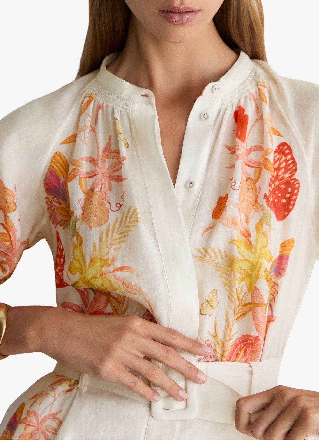 Reiss Lucia straight fit playsuit met strikceintuur en bloemenprint - detail 5 oranje