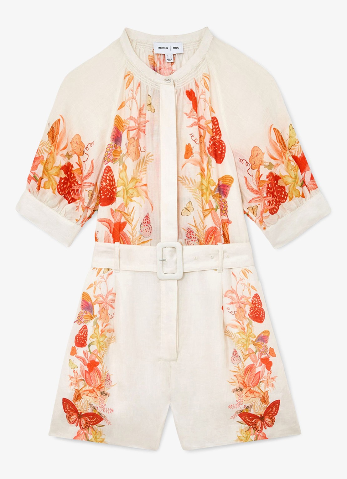 Reiss Lucia straight fit playsuit met strikceintuur en bloemenprint - voorkant oranje