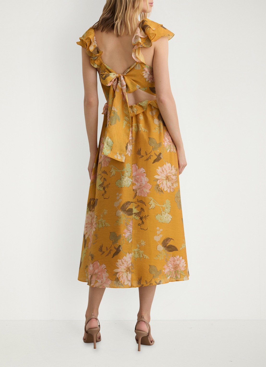 Reiss Lucy midi jurk met bloemenprint - achterkant 7 okergeel