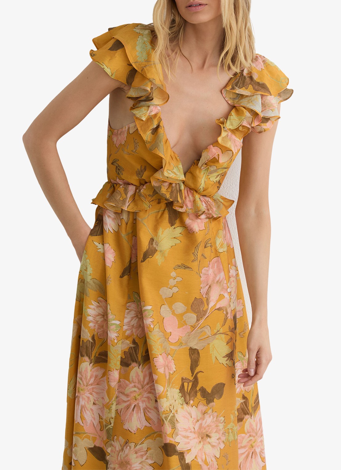 Reiss Lucy midi jurk met bloemenprint - detail okergeel