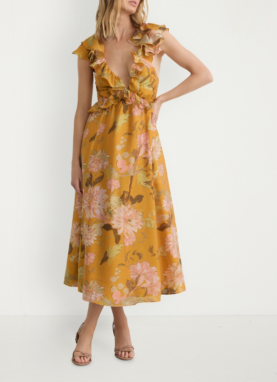 Reiss Lucy midi jurk met bloemenprint - voorkant 6 okergeel