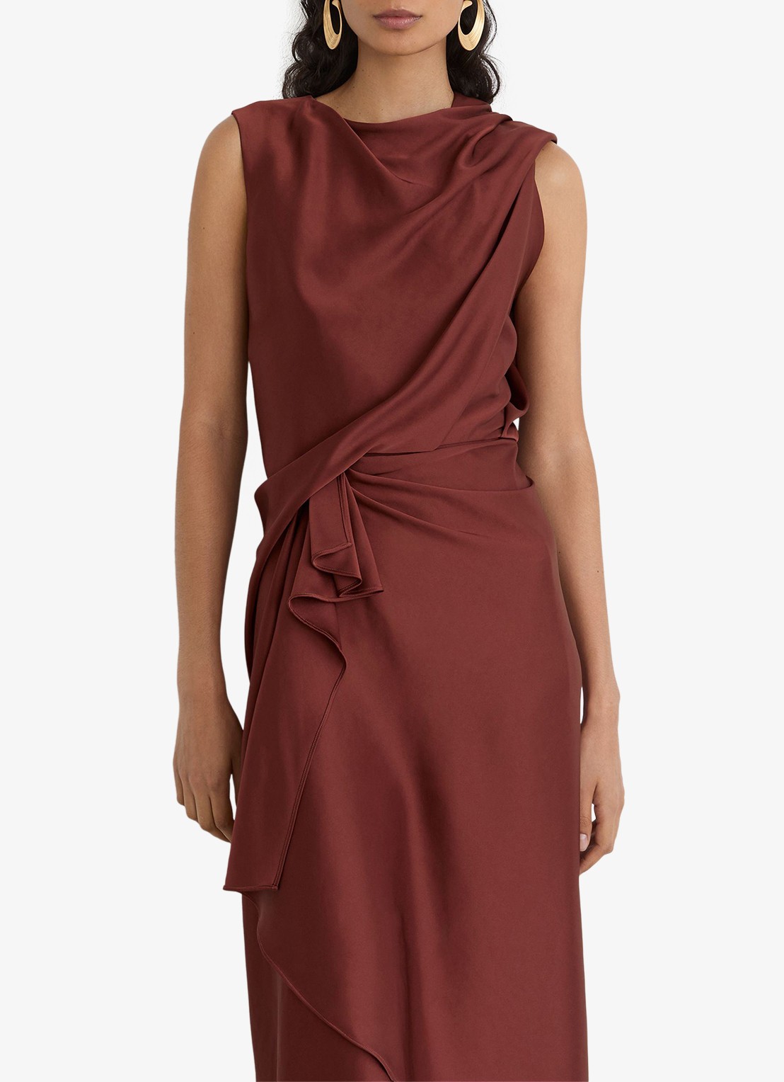 Reiss MABEL midi jurk van satijn met ruches  - detail 3 roestbruin