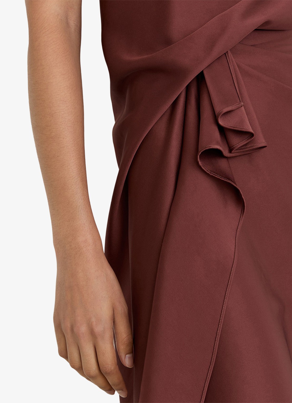 Reiss MABEL midi jurk van satijn met ruches  - detail 4 roestbruin