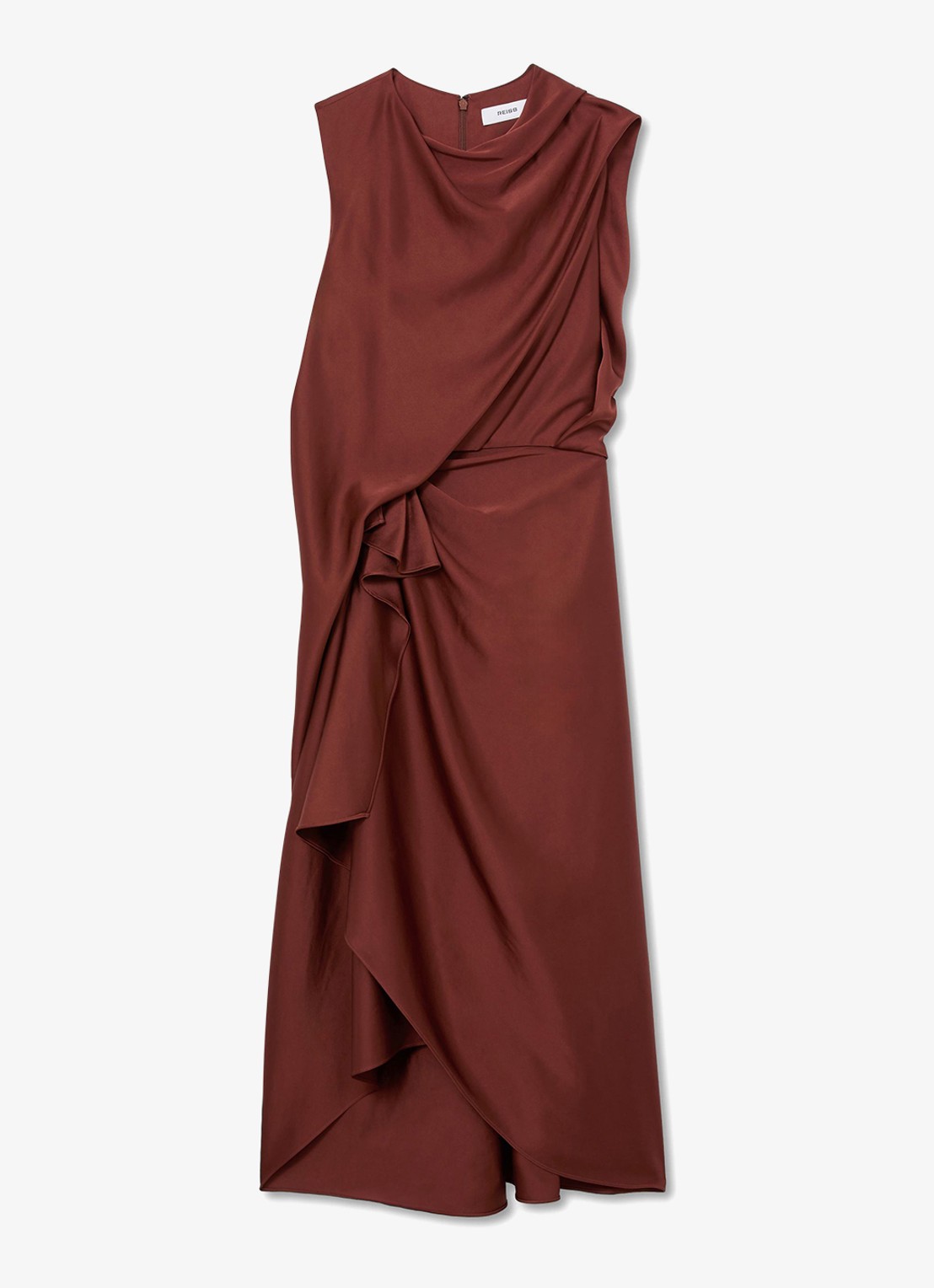 Reiss MABEL midi jurk van satijn met ruches  - voorkant 6 roestbruin