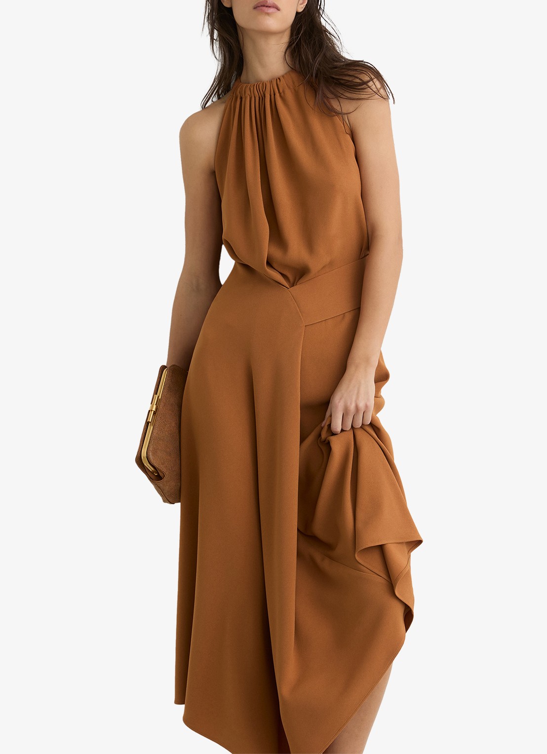 Reiss Maeve midi jurk met gedrapeerd detail - detail 2 oranje