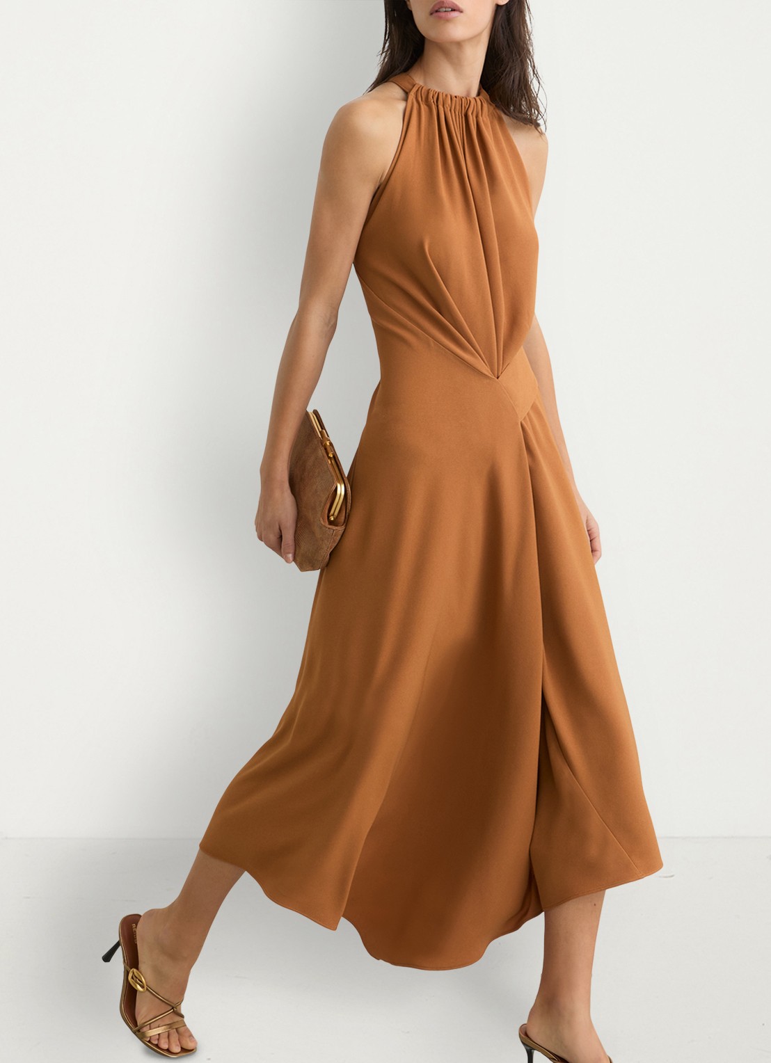 Reiss Maeve midi jurk met gedrapeerd detail - detail 3 oranje