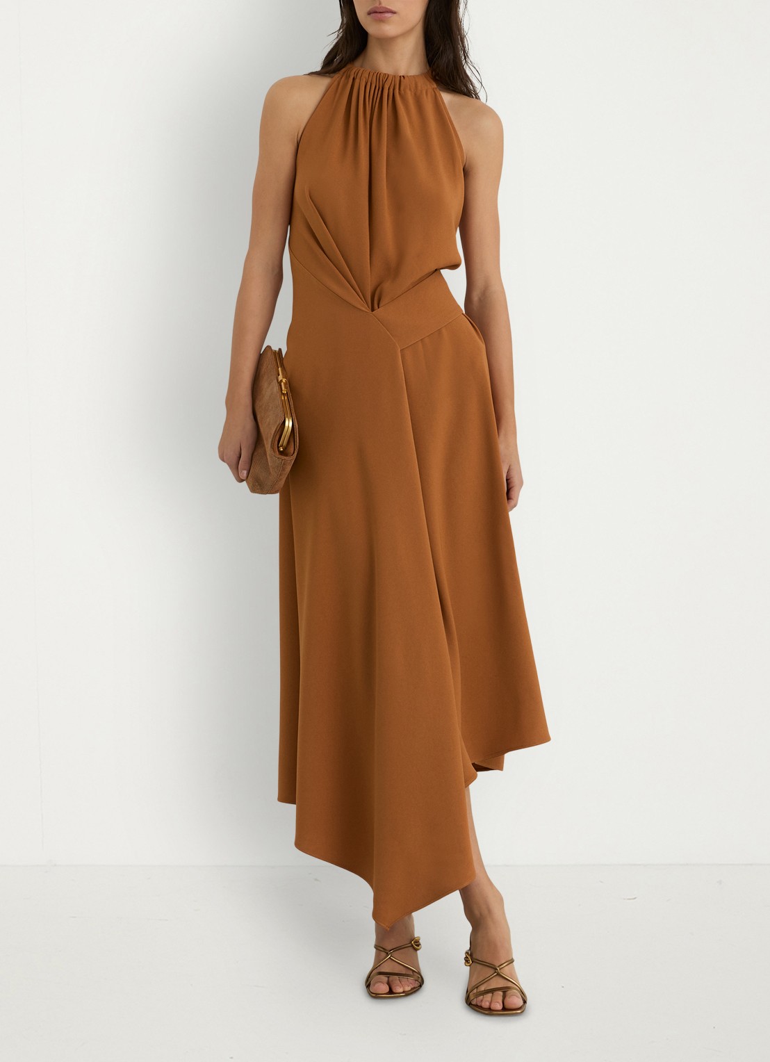 Reiss Maeve midi jurk met gedrapeerd detail - voorkant 7 oranje