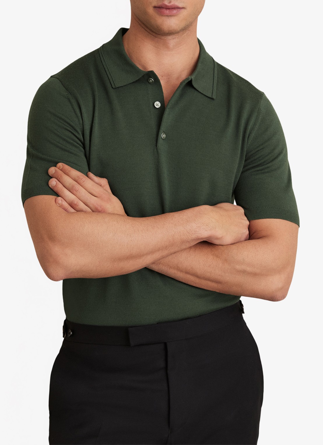 Reiss Manor regular fit polo van merino wol - detail 4 donkergroen