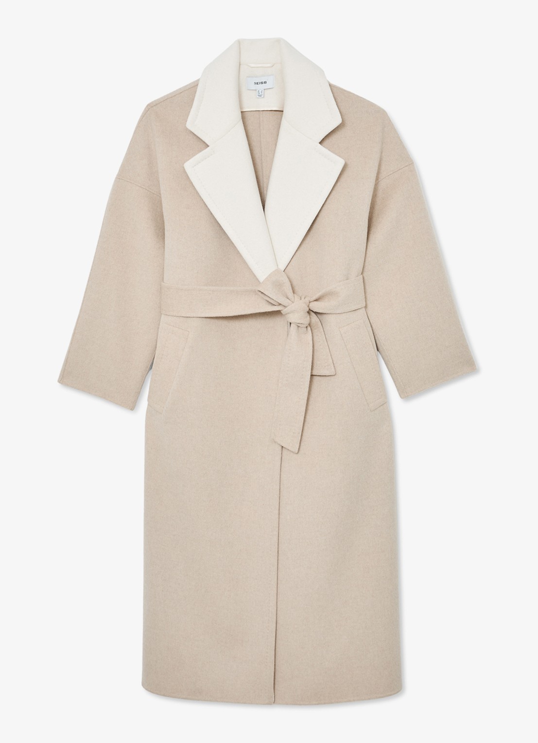 Reiss Marcela mantel van wol met strikceintuur - voorkant 6 beige