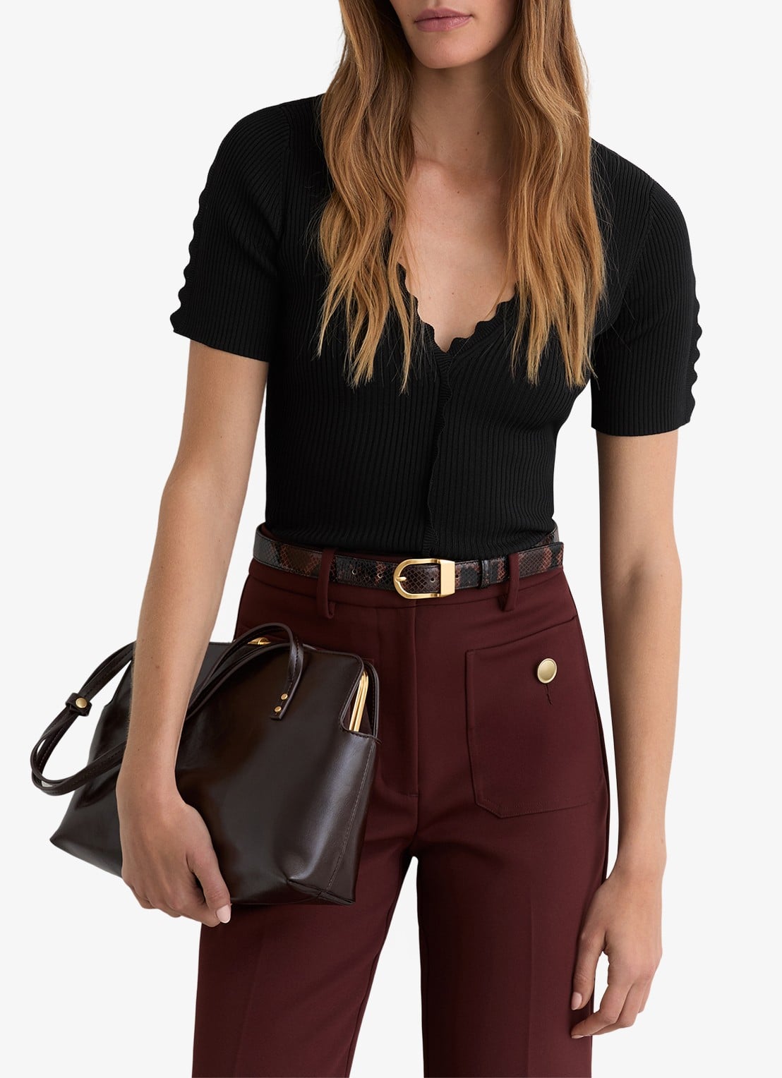 Reiss Marcy ribgebreide top met V-hals - detail 4 black / zwart