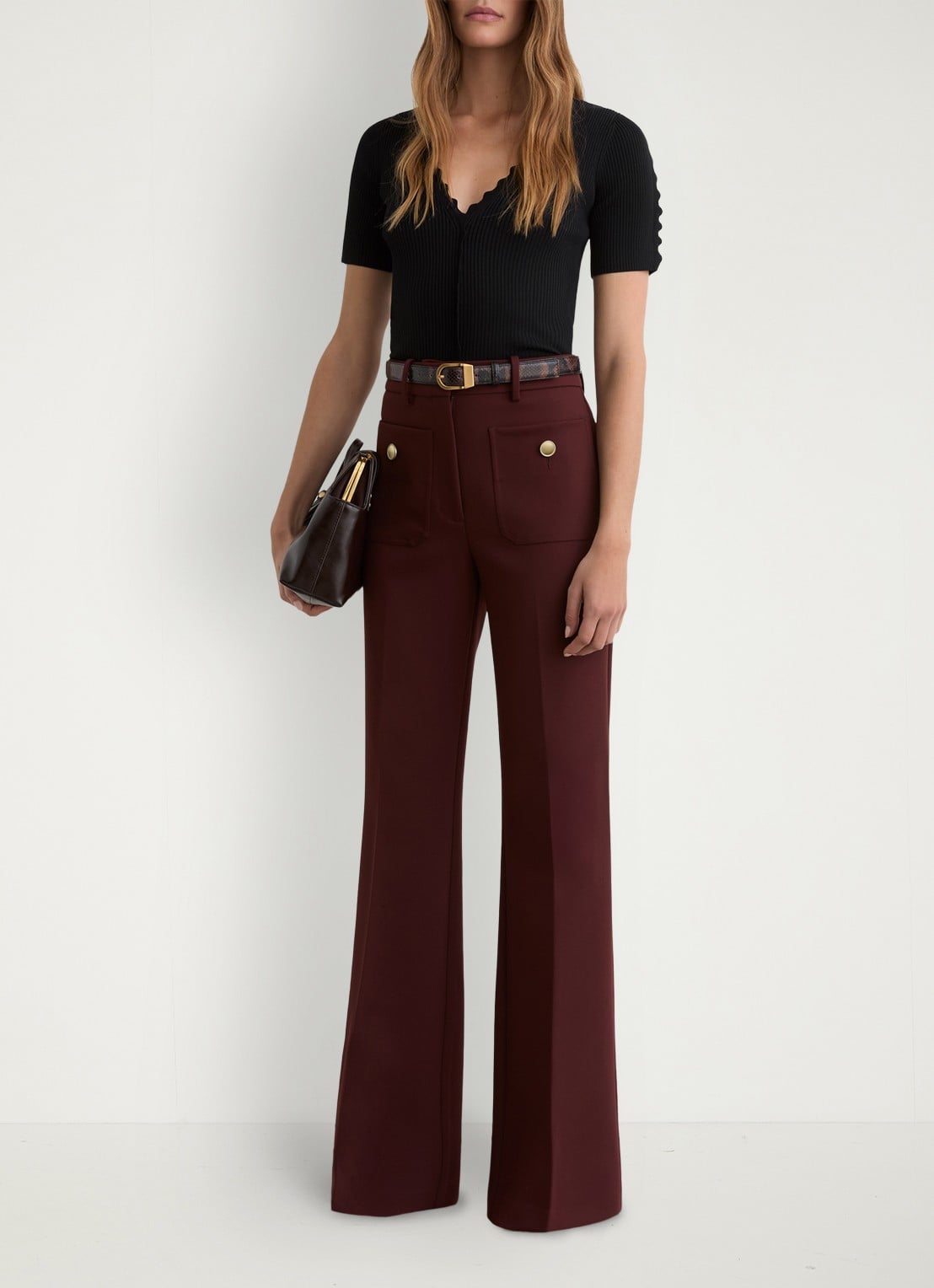 Reiss Marcy ribgebreide top met V-hals - voorkant 3 black / zwart