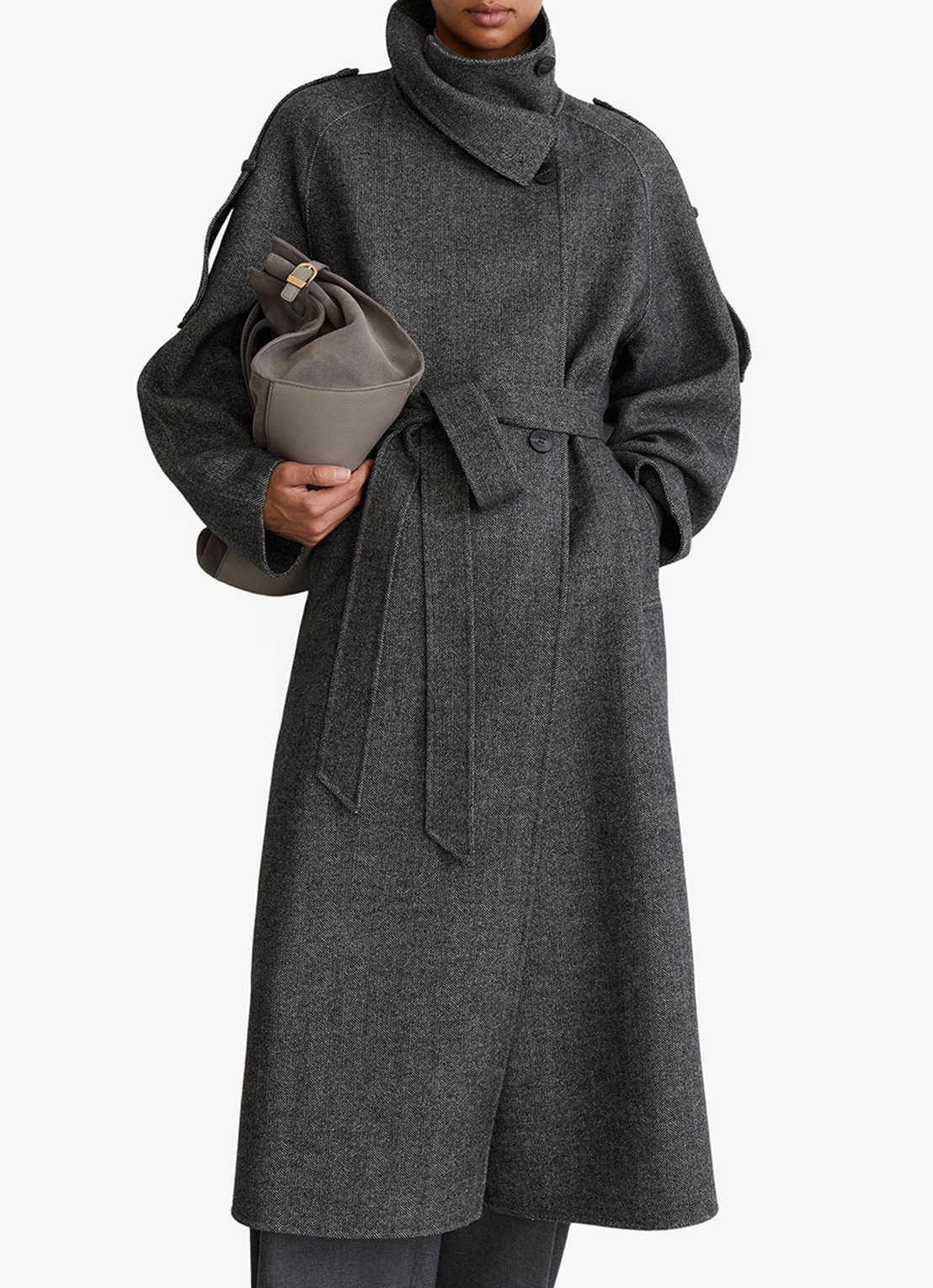 Reiss Martina asymmetrische trenchcoat in wolblend met opstaande kraag - detail 3 donkergrijs