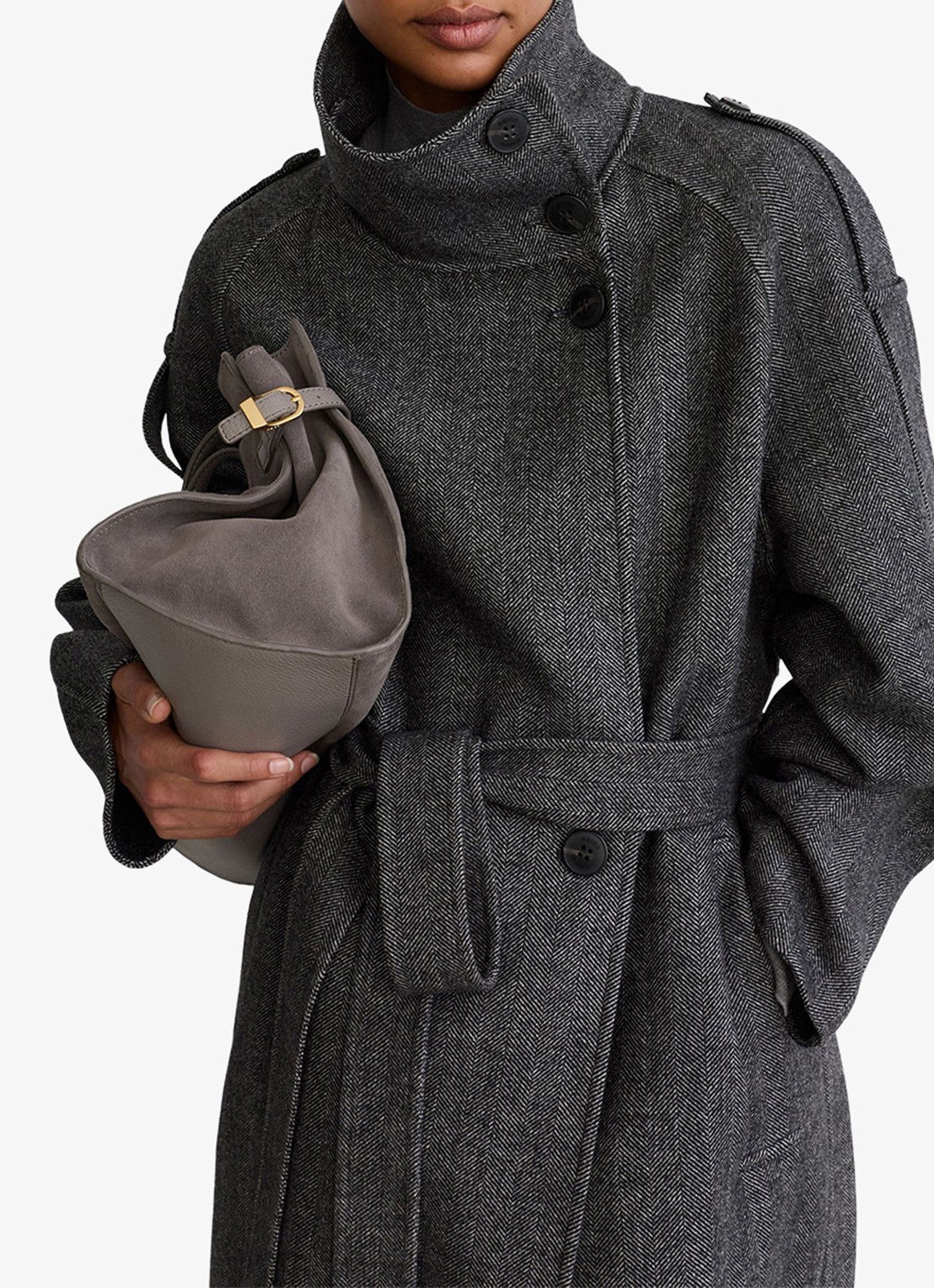 Reiss Martina asymmetrische trenchcoat in wolblend met opstaande kraag - detail 5 donkergrijs