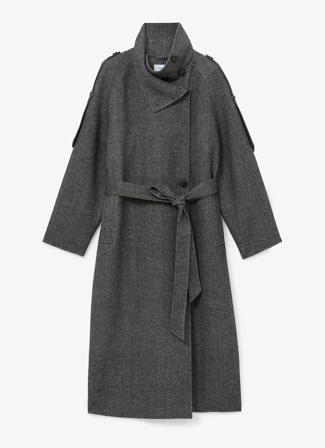 Reiss Martina asymmetrische trenchcoat in wolblend met opstaande kraag - voorkant donkergrijs