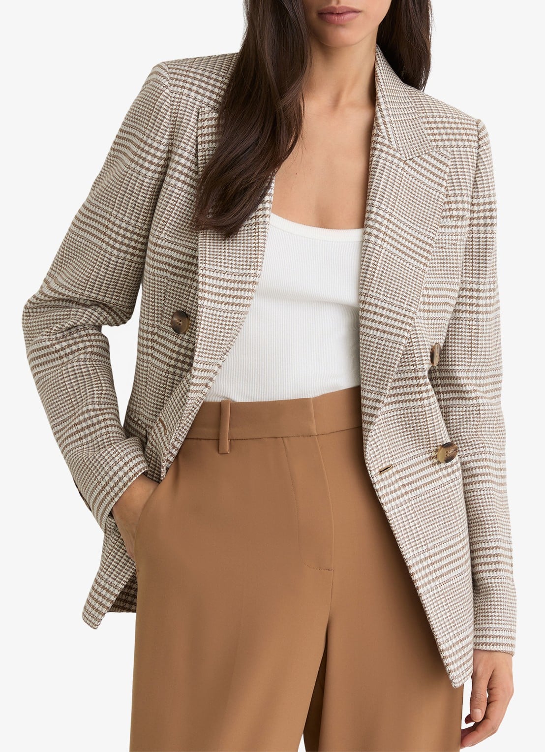 Reiss Maxwell double-breasted blazer met ruitdessin en klepzakken  - detail beige