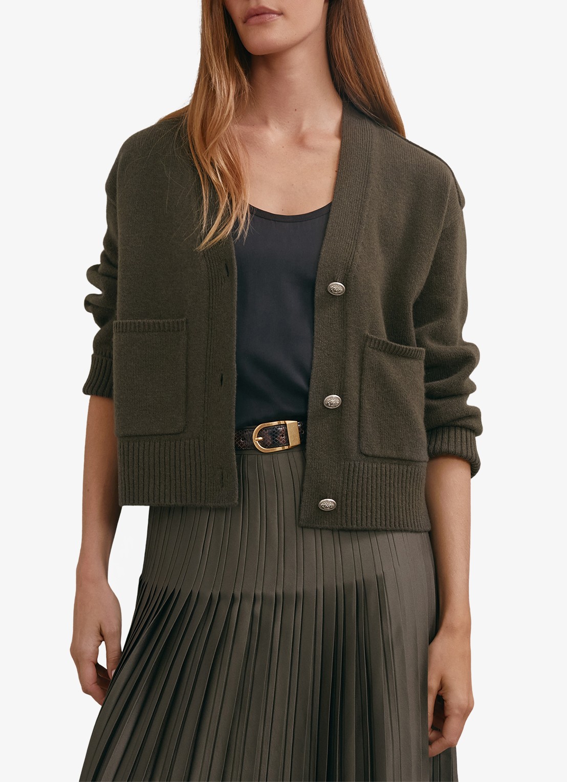 Reiss Maya fijngebreid vest in kasjmierblend met steekzakken - detail 3 bronsgroen