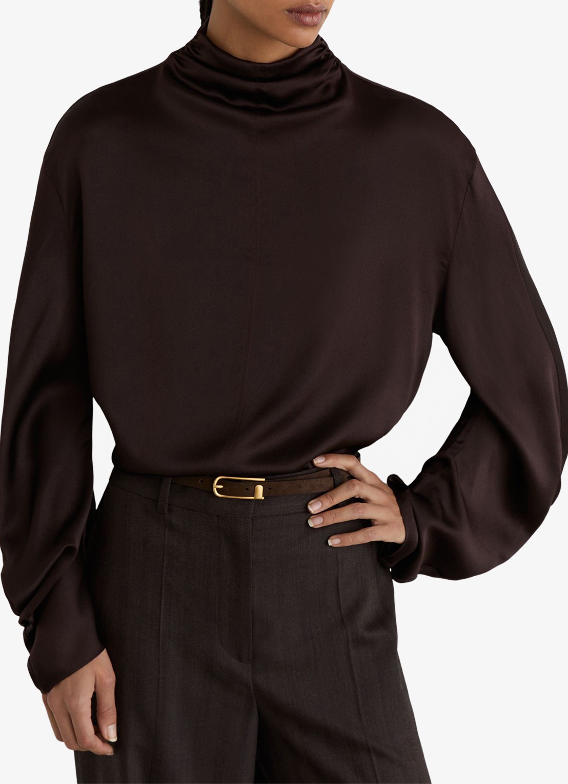 Reiss Meena top van zijde met col - detail donkerbruin