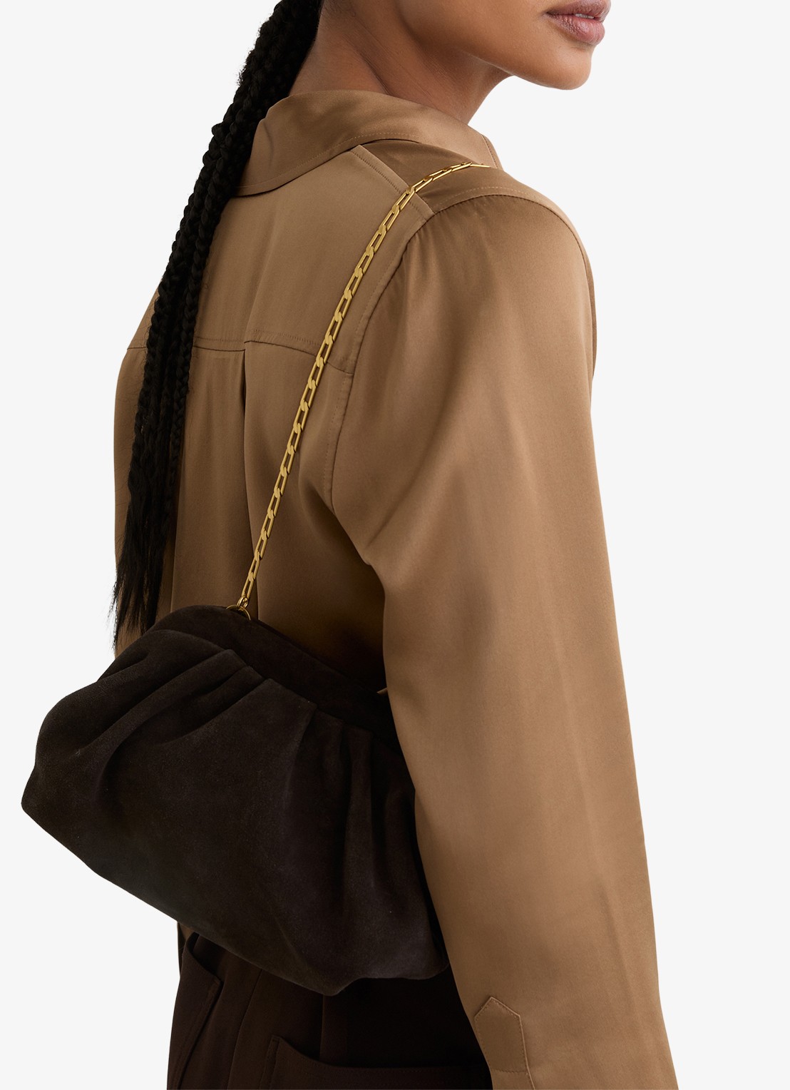 Reiss Mia clutch van suède met afneembare schouderriem - voorkant 2 bruin
