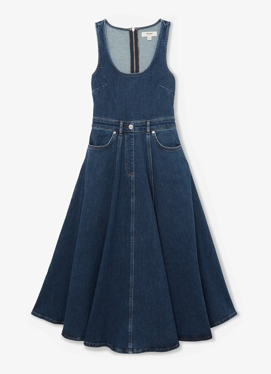 Reiss Midi A-lijn jurk van denim met steekzakken - voorkant 6 indigo