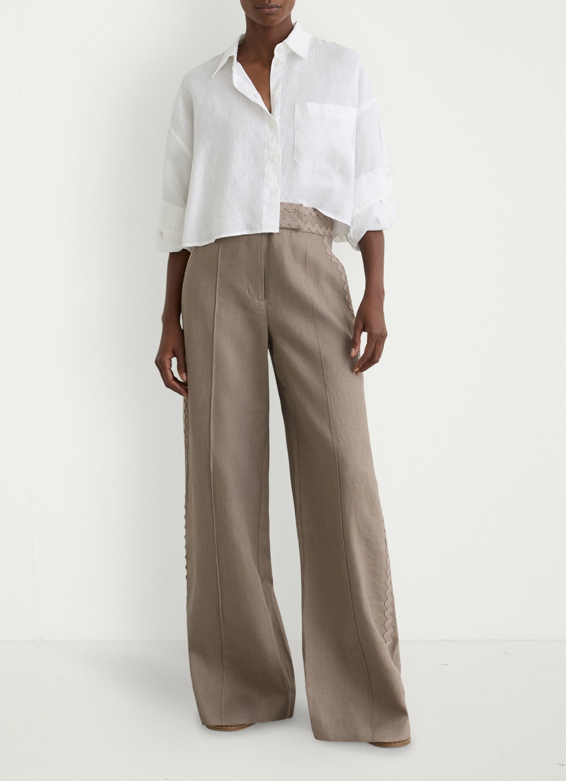 Reiss Mila high waist wide fit pantalon van linnen - voorkant 2 beige