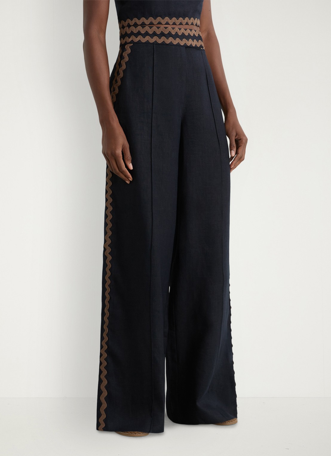Reiss Mila high waist wide fit pantalon van linnen - detail 4 donkerblauw