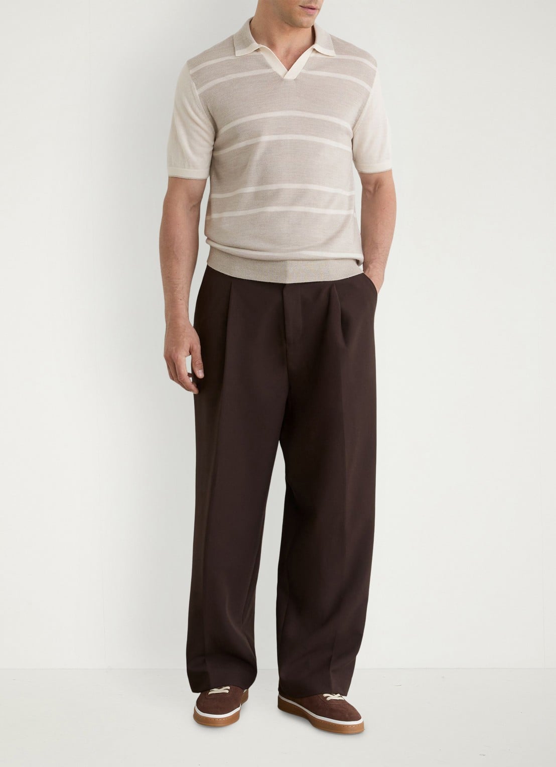 Reiss Miles slim fit polo van merinowol met streepprint - voorkant 6 oatmeal / wit