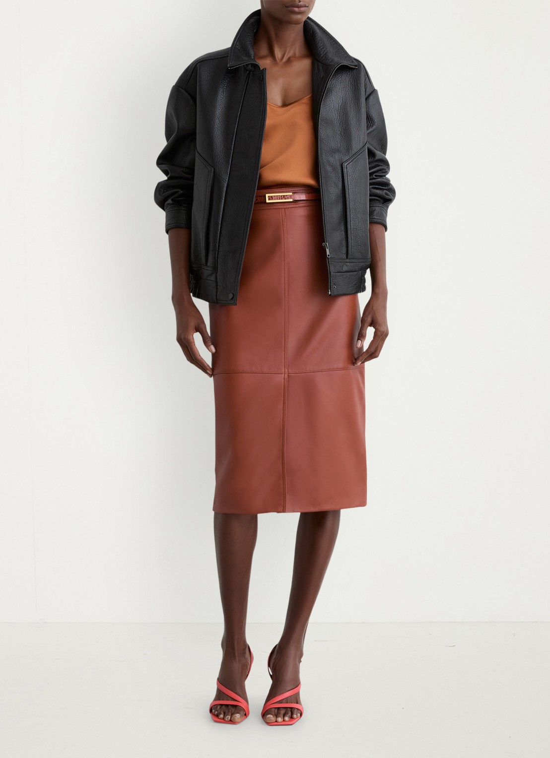 Reiss Miley high waist midi kokerrok van schapenleer  - voorkant 3 donkeroranje