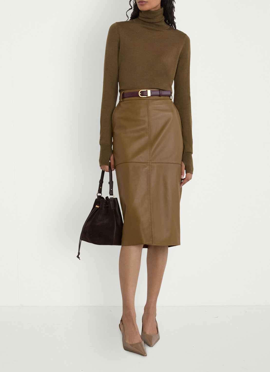 Reiss Milly midi kokerrok van leer - detail 3 khaki