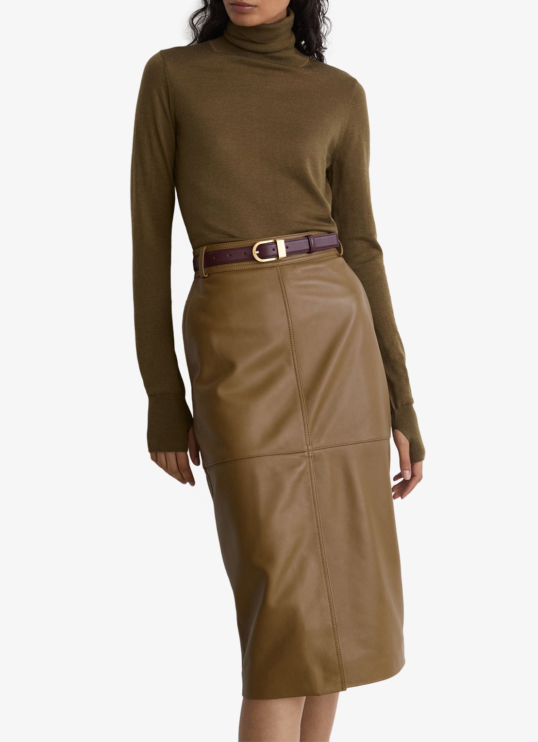 Reiss Milly midi kokerrok van leer - detail 4 khaki
