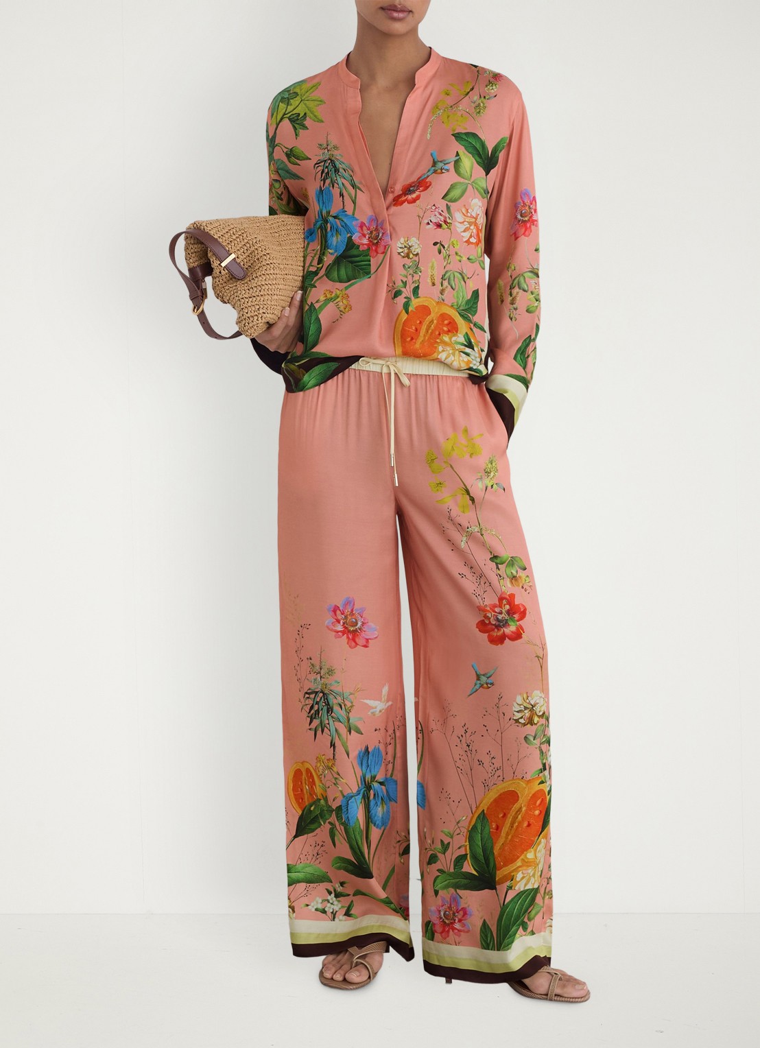 Reiss Milos mid waist wide fit pantalon met print - voorkant 7 oudroze