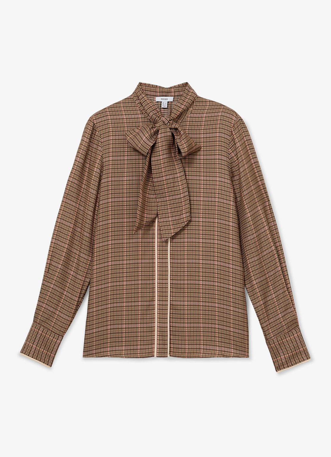 Reiss MINNIE blouse met pied-de-poule dessin met sjaalkraag  - voorkant 6 bruin