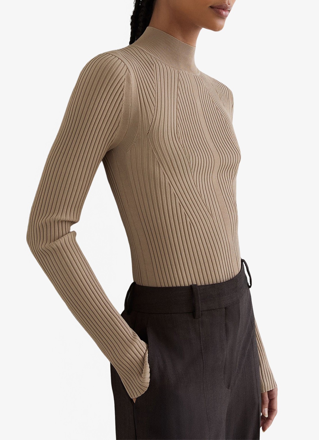 Reiss Nancy ribgebreide trui met col - detail beige