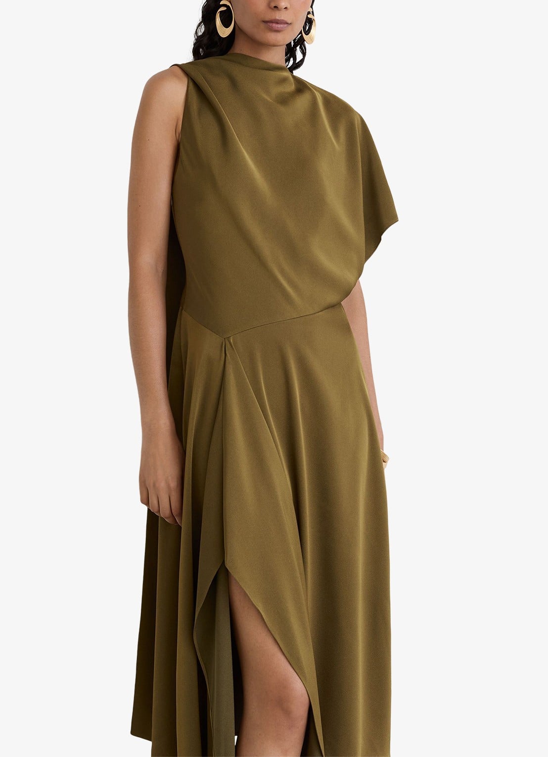 Reiss Naomi one shoulder maxi jurk van satijn met plooidetail - detail 3 khaki