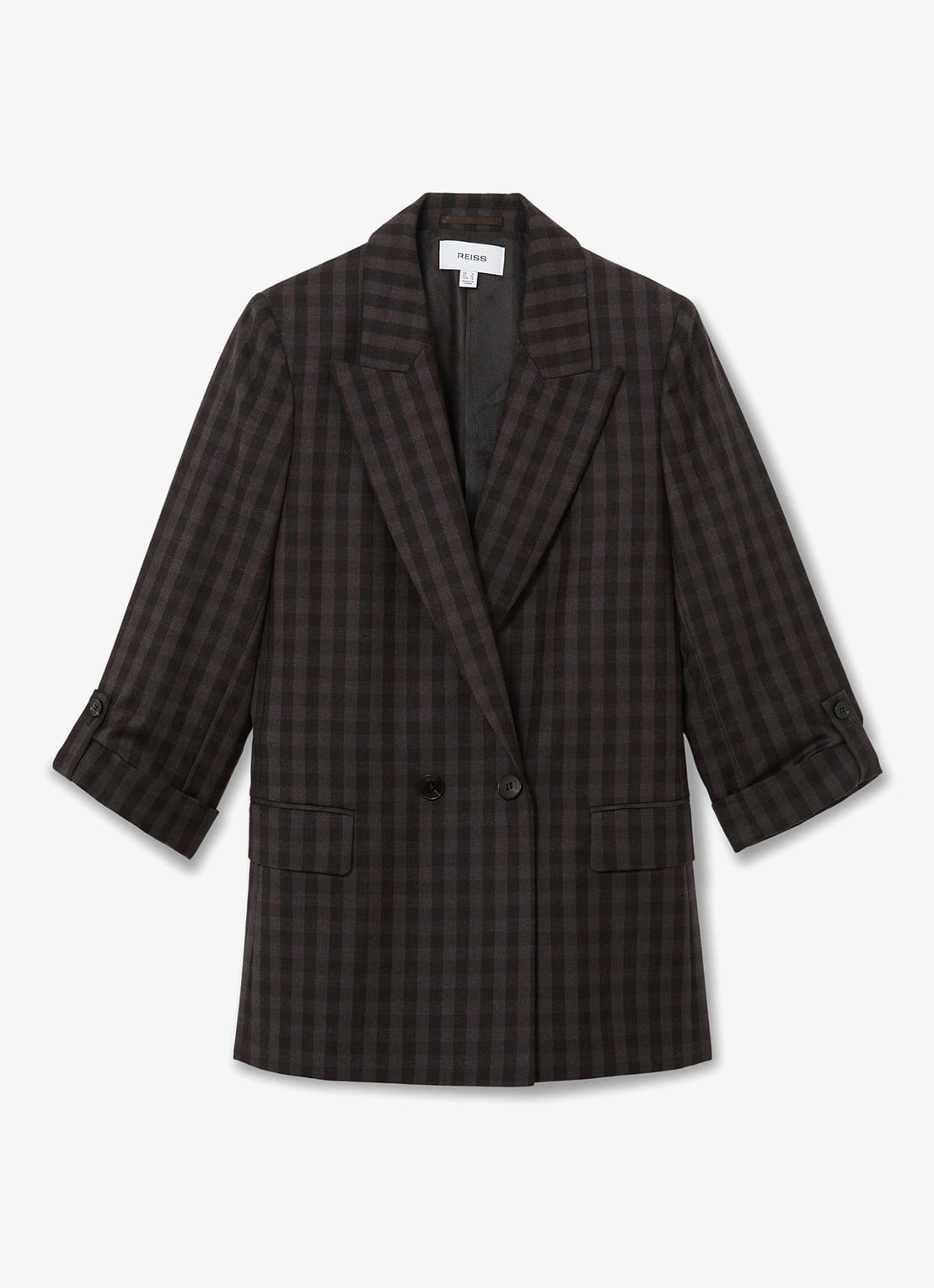 Reiss Nolah double-breasted blazer van wol met ruitdessin  - voorkant 4 donkerbruin